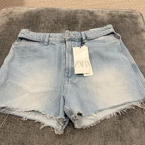 NWT Zara Sky Blue high-Rise Frayed Denim Shorts